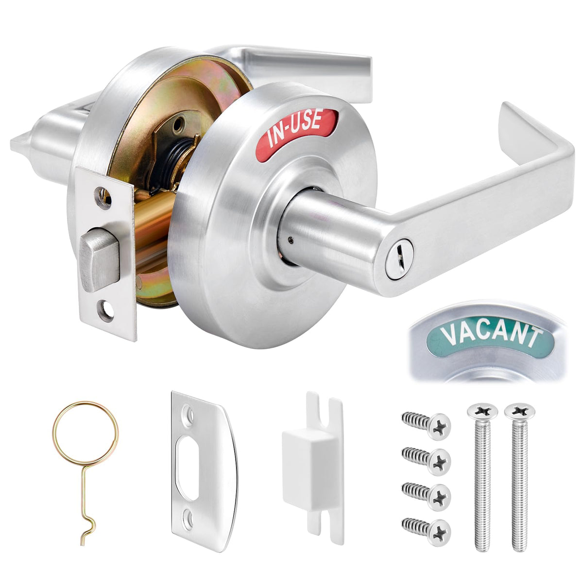 Tandefio front view of bathroom lock with VACANT IN USE indicator