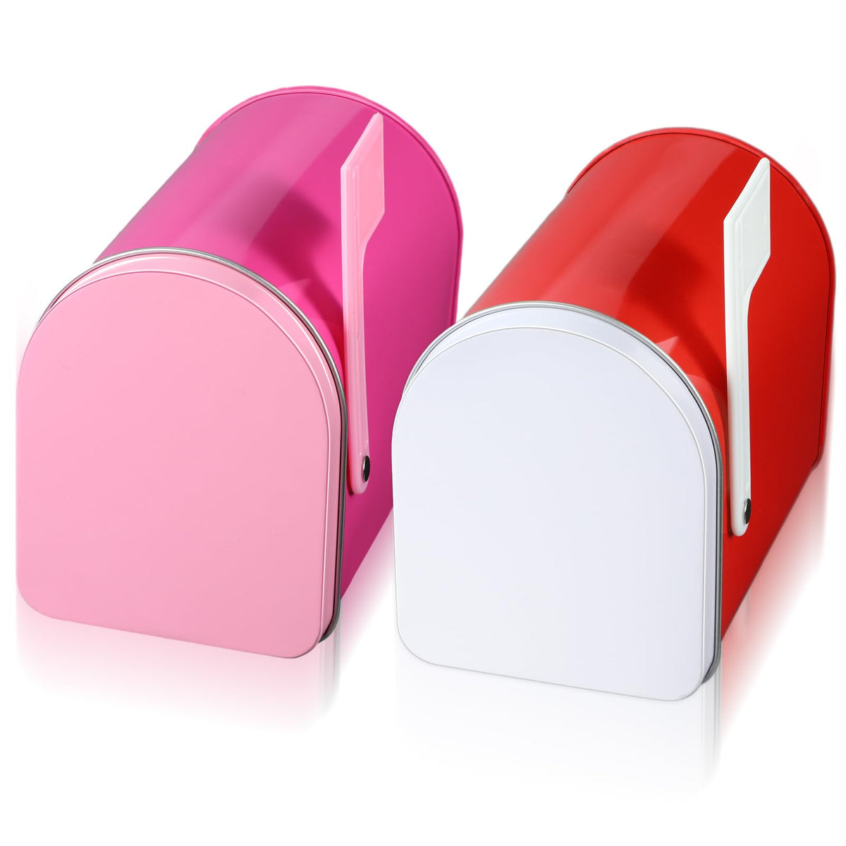 Tandefio Valentine mailbox two-pack in red and pink with open doors.