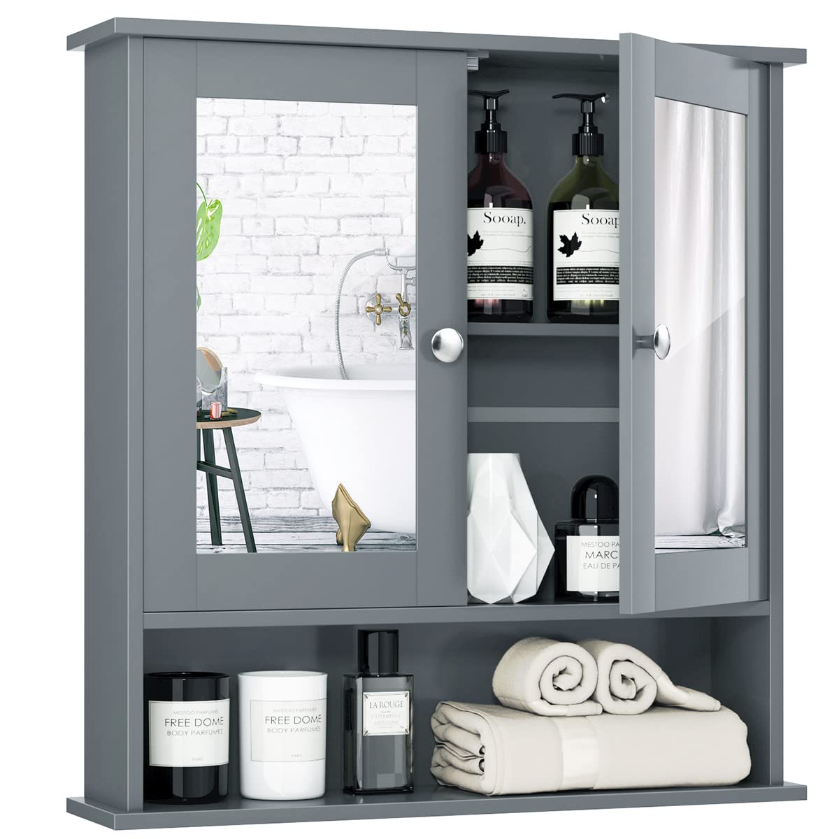 Tangkula gray bathroom cabinet with mirror doors for concealed storage.