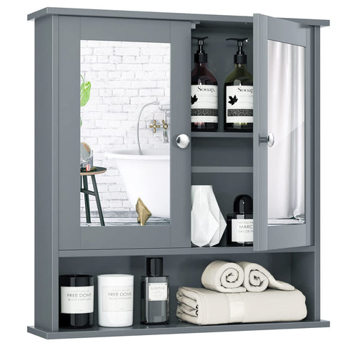 Tangkula gray bathroom cabinet with mirror doors for concealed storage.