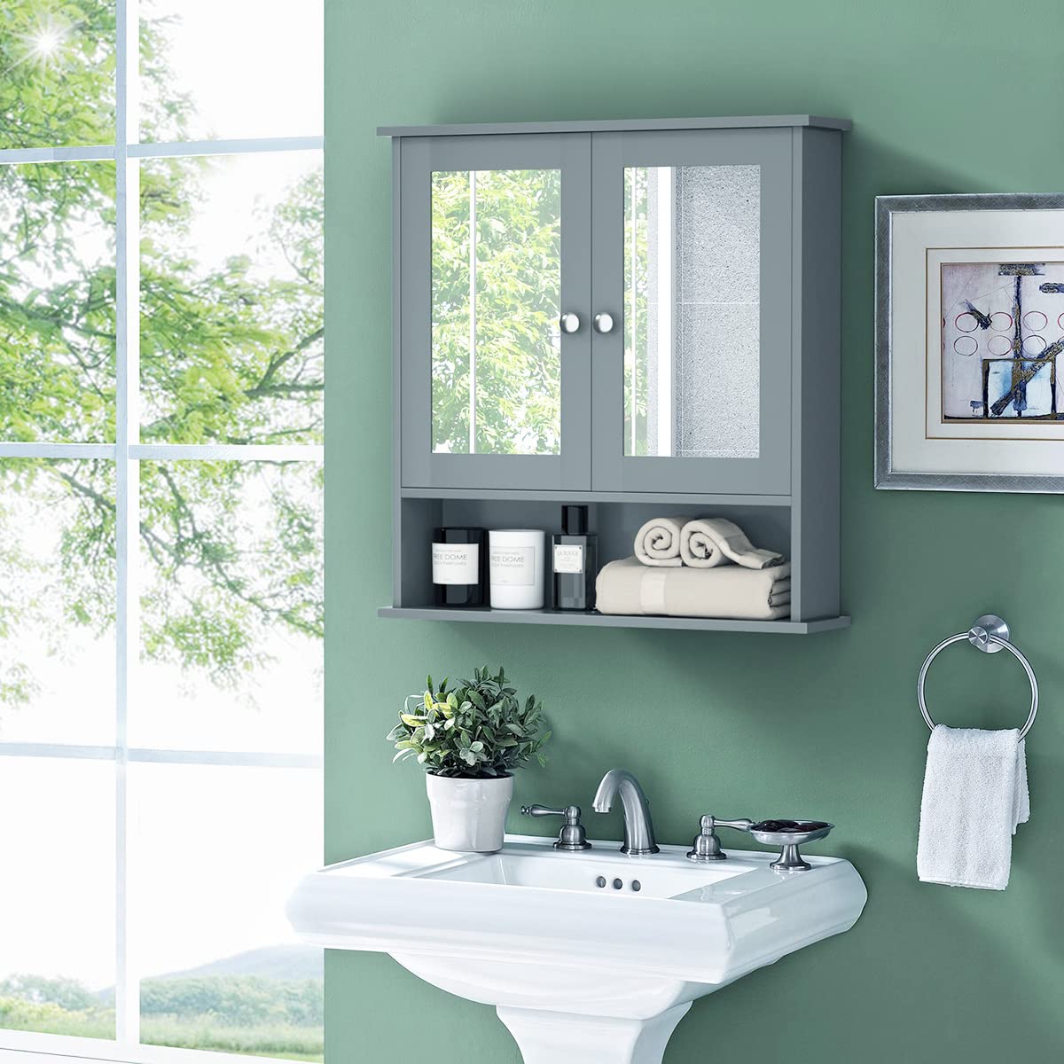 Tangkula gray cabinet with double mirror doors and open shelf for essentials.