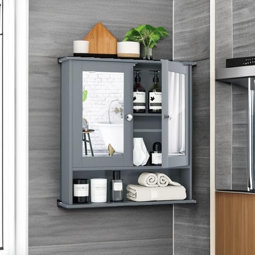 Tangkula gray cabinet showing towels behind doors.