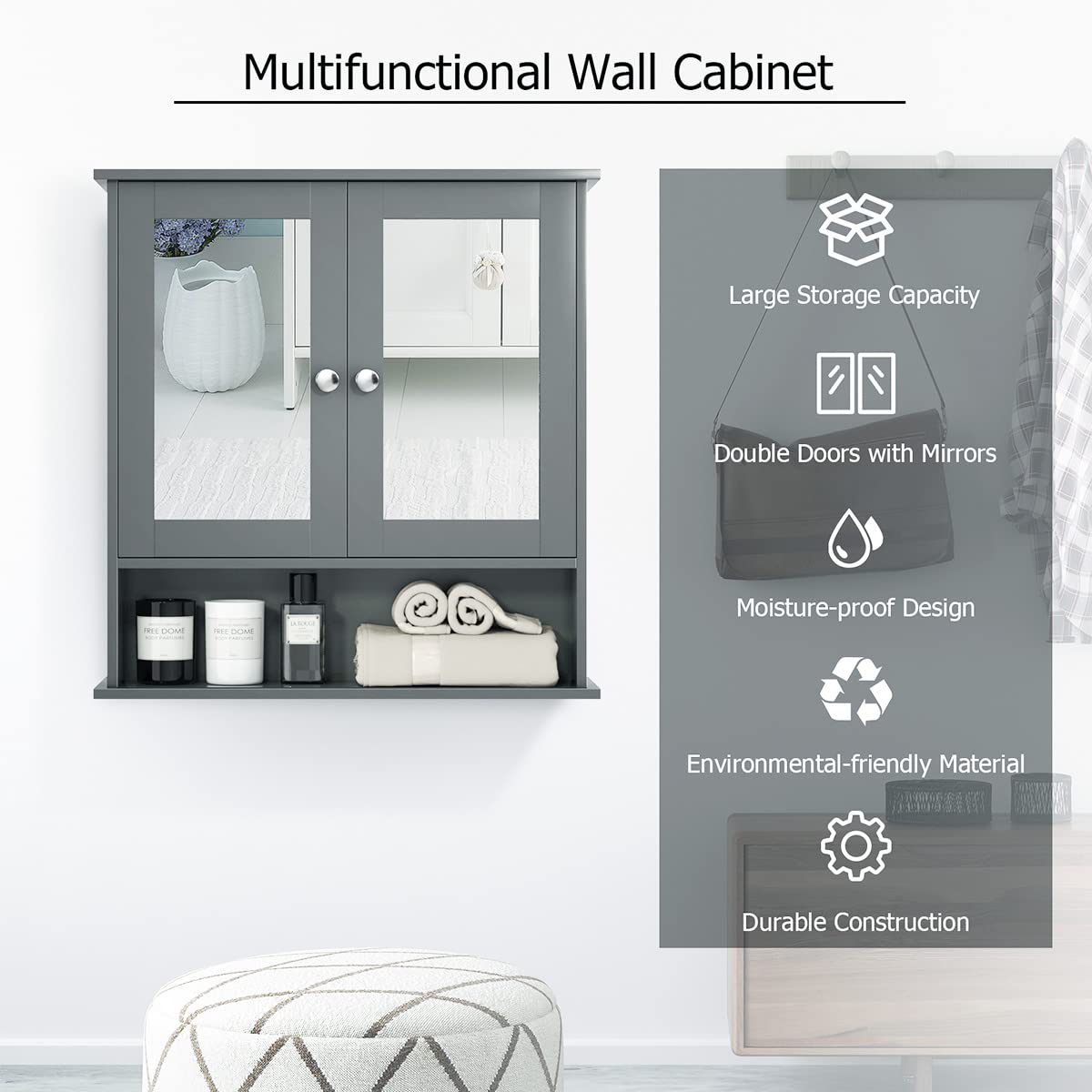 Tangkula gray wall-mounted cabinet on a bathroom wall.