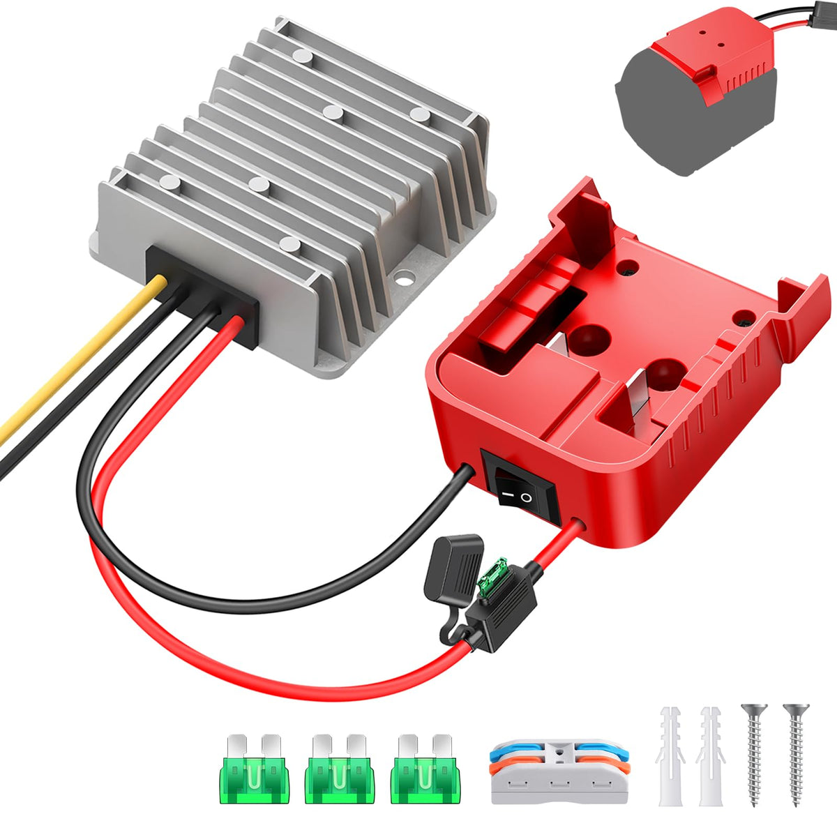 TANHEYIN 18V to 12V converter powering Milwaukee battery for stable output