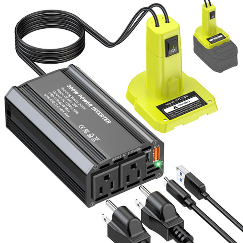 TANHEYIN 300W inverter connected to Ryobi 18V battery slot for portable power on the go.