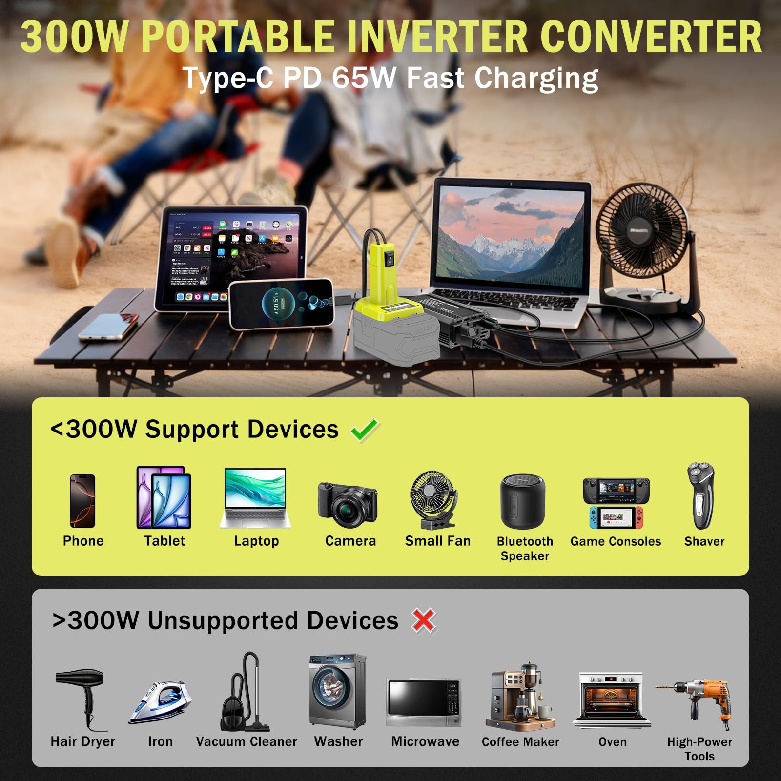 TANHEYIN dual AC outlets enabling simultaneous charging of lights and devices.