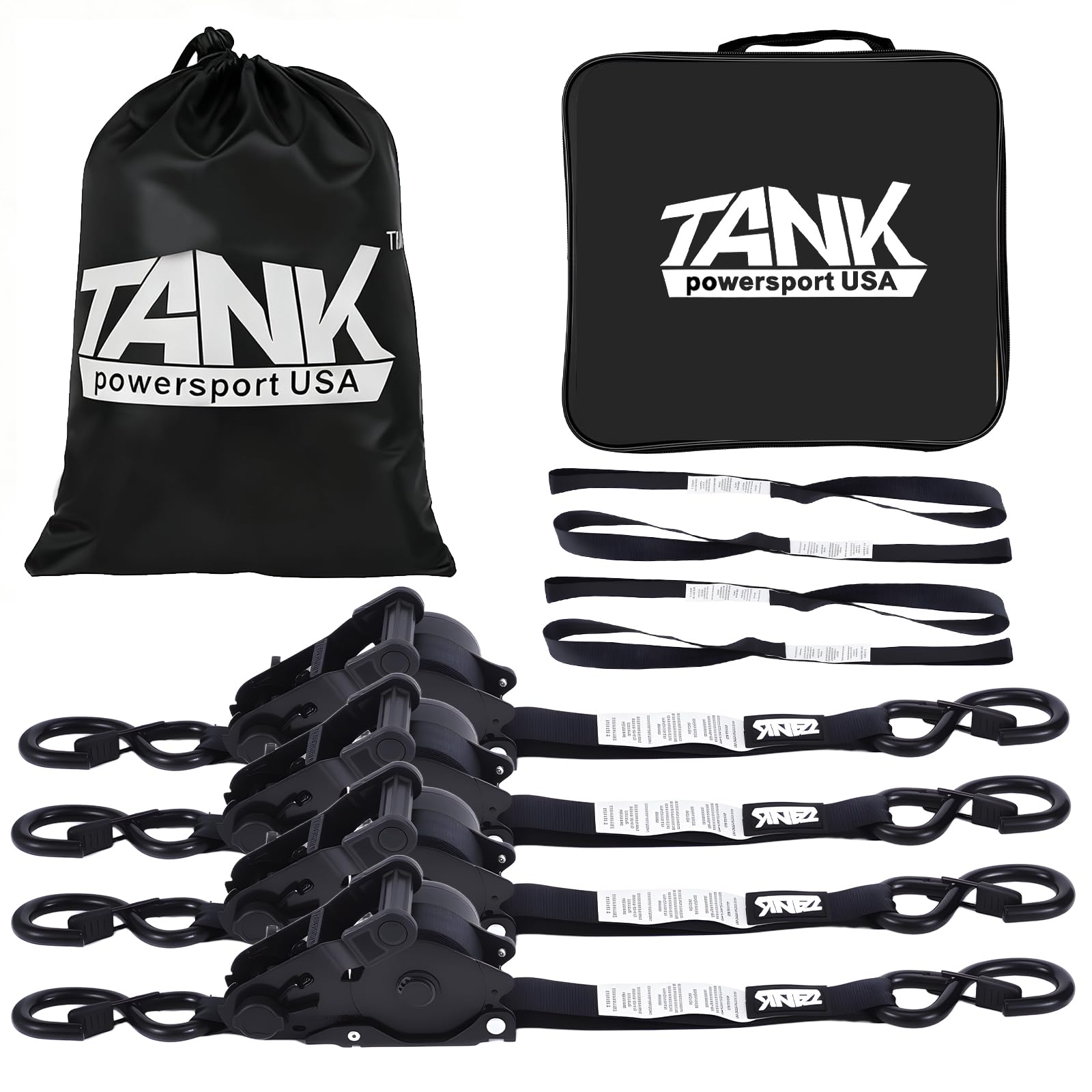 Tankpowersport USA 1800lb retractable ratchet straps four-pack ready for secure transport