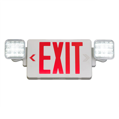 TANLUX red exit sign with emergency lights, back view for dual-face readability.