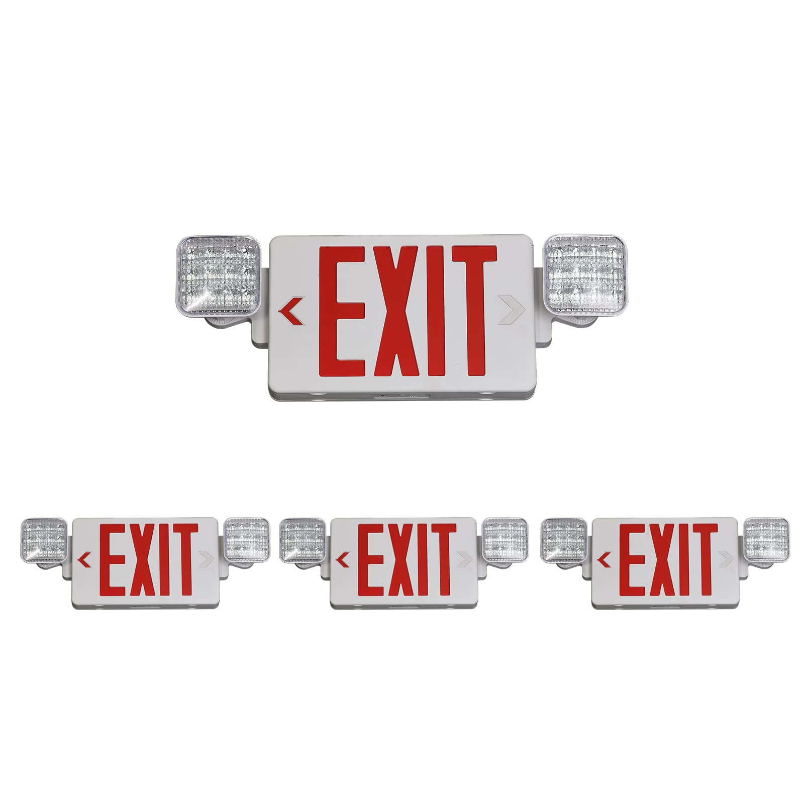 TANLUX red exit sign with emergency lights, front view, highly visible up to 100 feet.