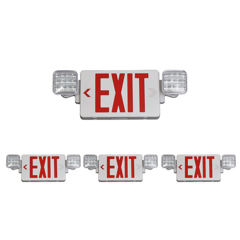 TANLUX red exit sign with emergency lights, front view, highly visible up to 100 feet.