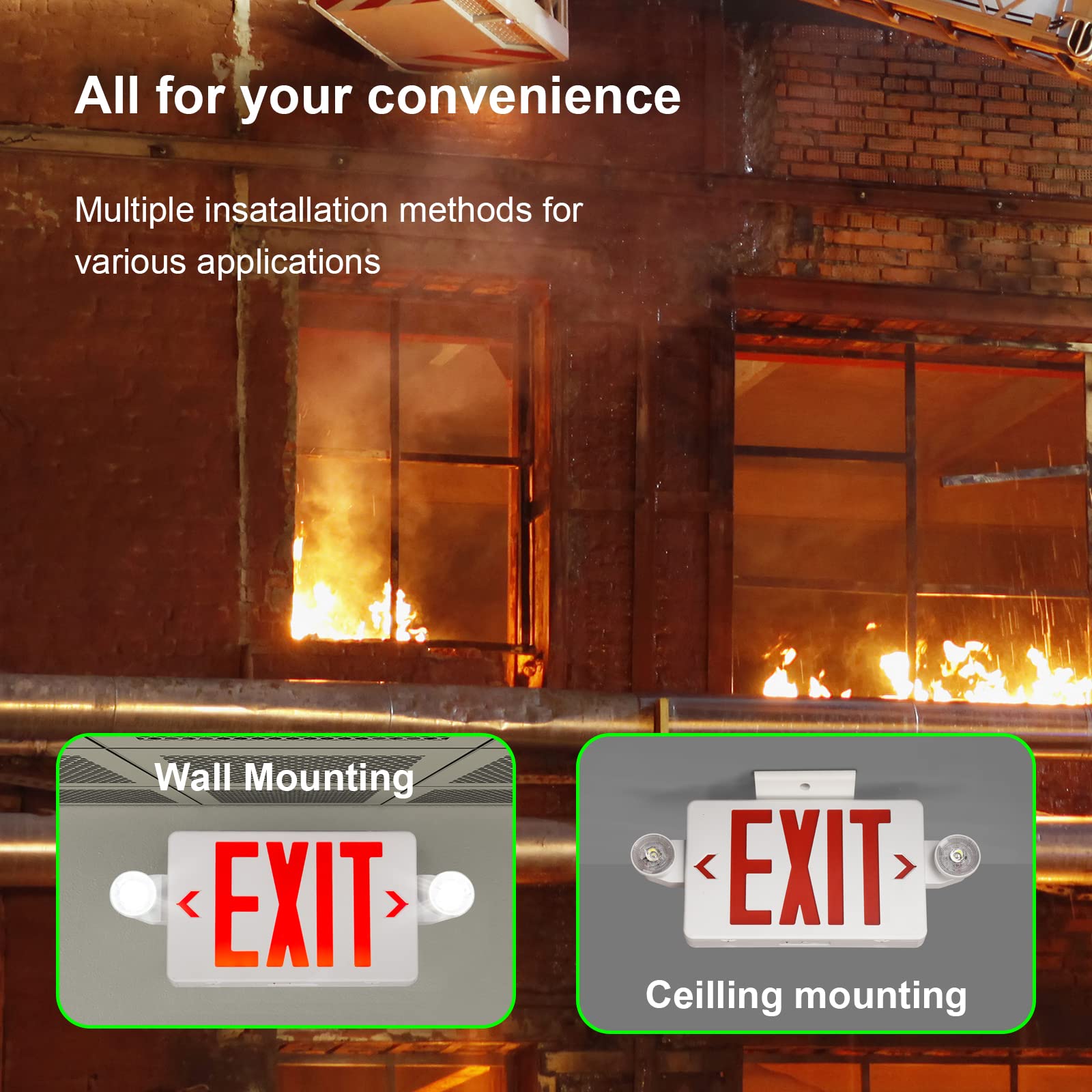 TANLUX exit sign with top, side, or back mounting options.