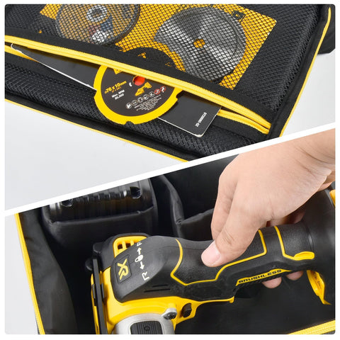 Tanmqin DEWALT 20V bag interior keeps batteries and charger neatly organized.