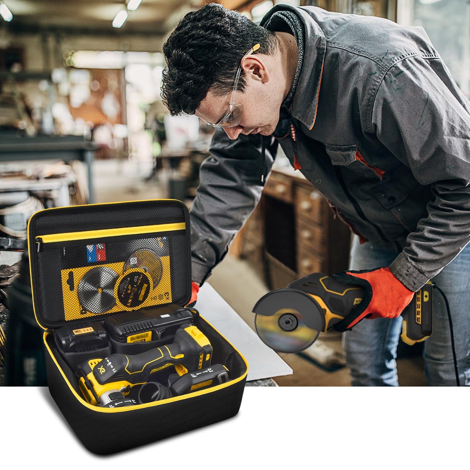 Tanmqin DEWALT 20V bag zippered mesh pocket stores small parts securely.