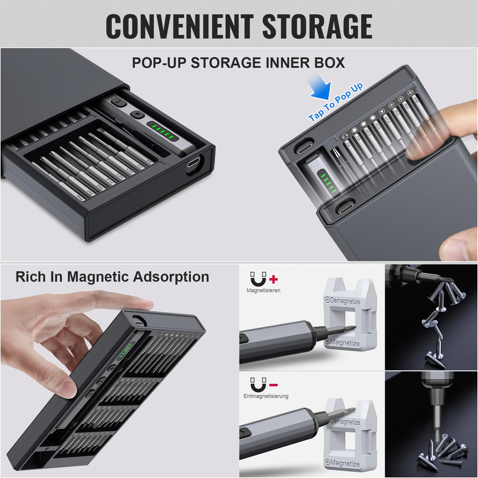 TanSon kit includes screwdriver, storage box, 64 bits, tweezers, and more.