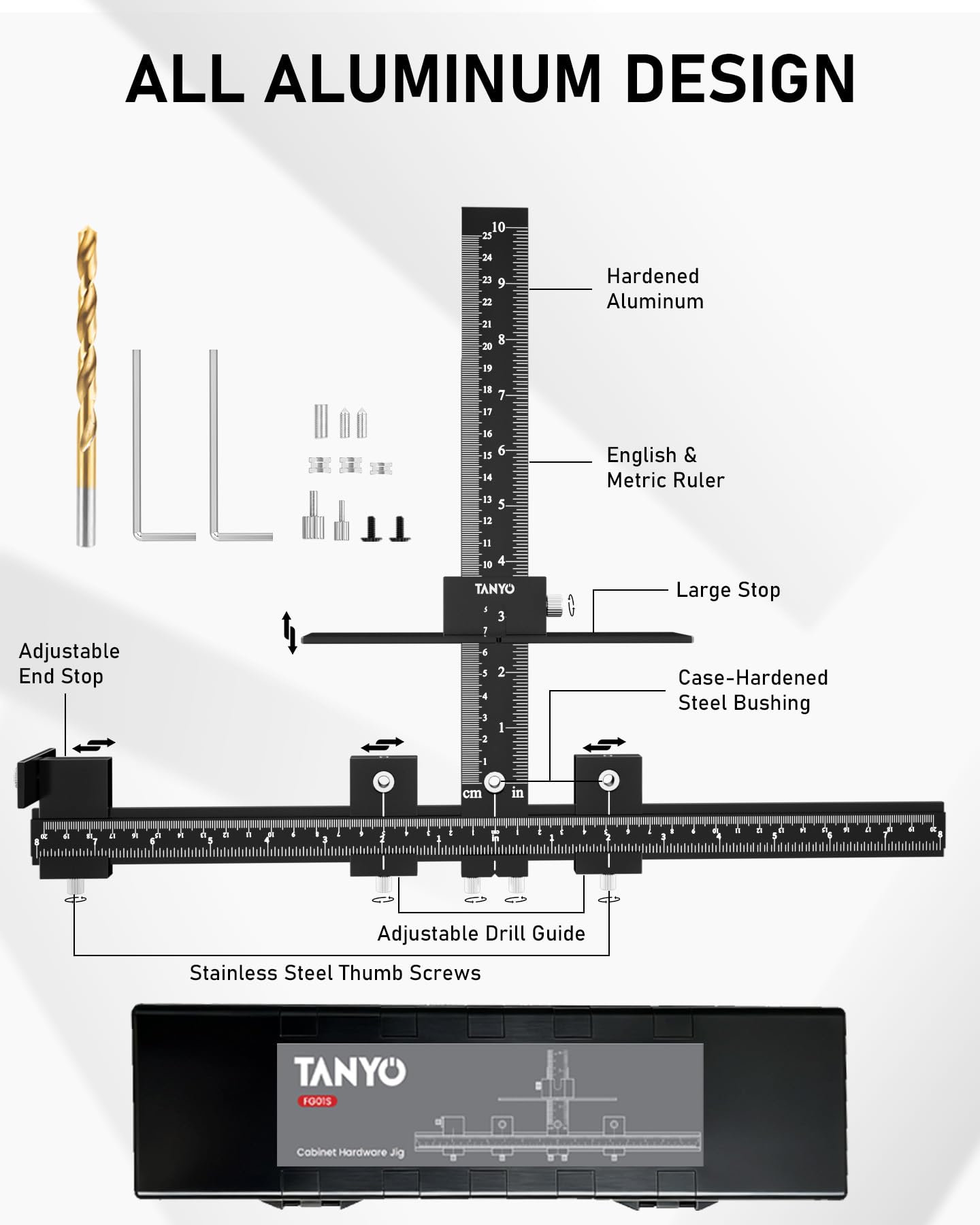 TANYO aluminum cabinet template tool showing slider for various spacing