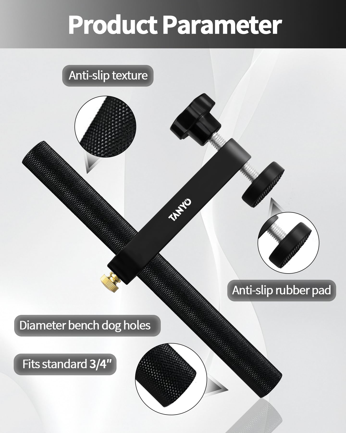TANYO bench dog clamp in one-handed lock position for fast setup