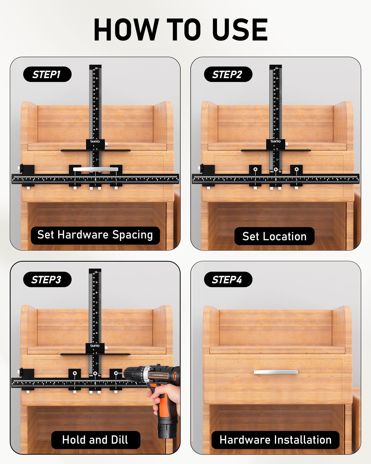 TANYO drilling template for drawers and doors ensuring alignment