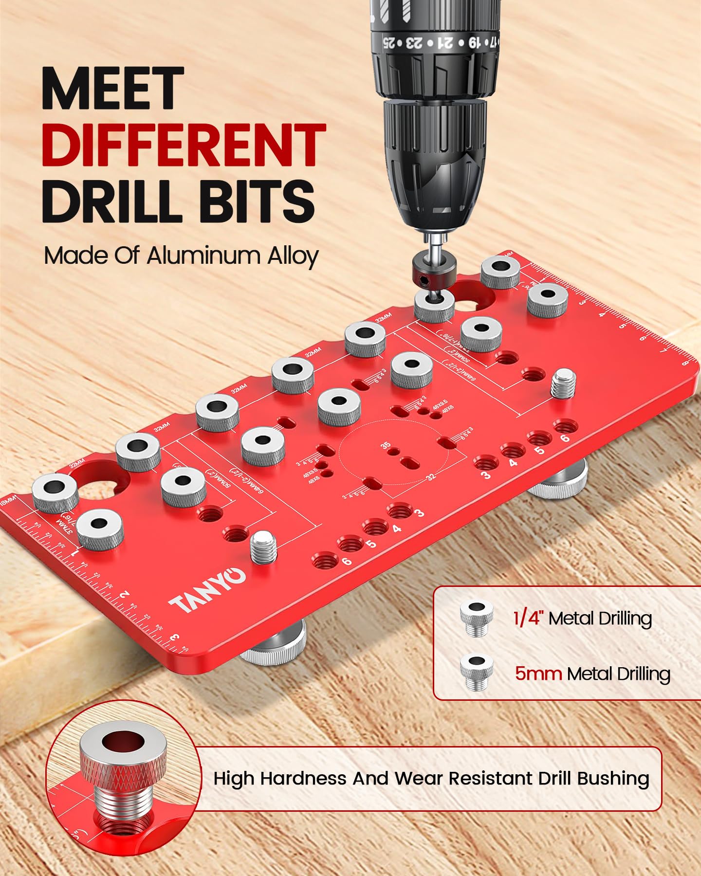 TANYO hinge jig 35mm module aligned for concealed hinges.