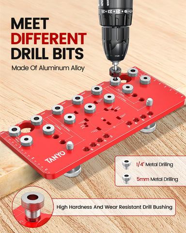 TANYO hinge jig 35mm module aligned for concealed hinges.