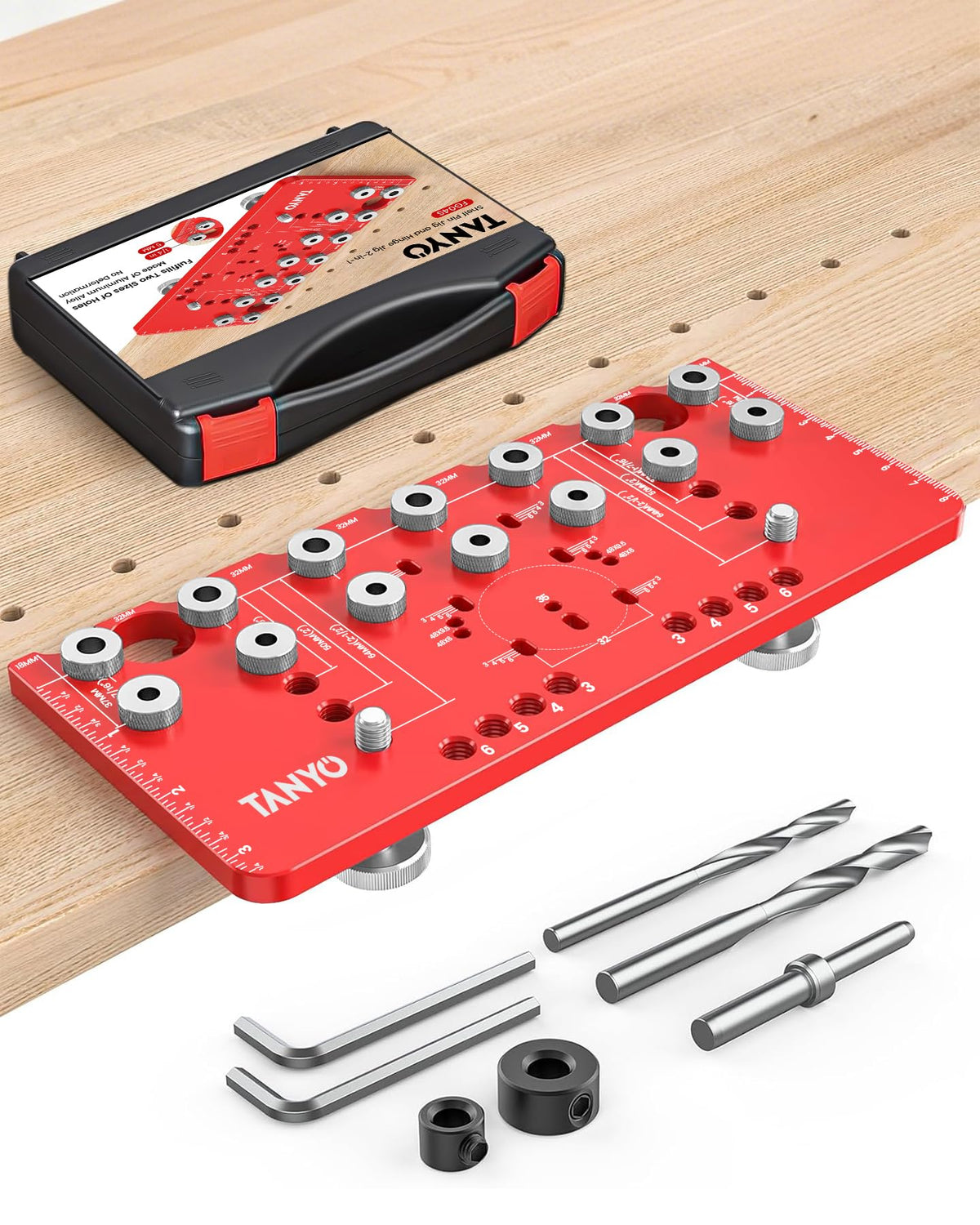TANYO shelf pin jig 2in1 in use for accurate cabinet hole layout.