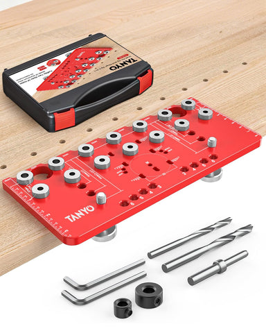 TANYO shelf pin jig 2in1 in use for accurate cabinet hole layout.
