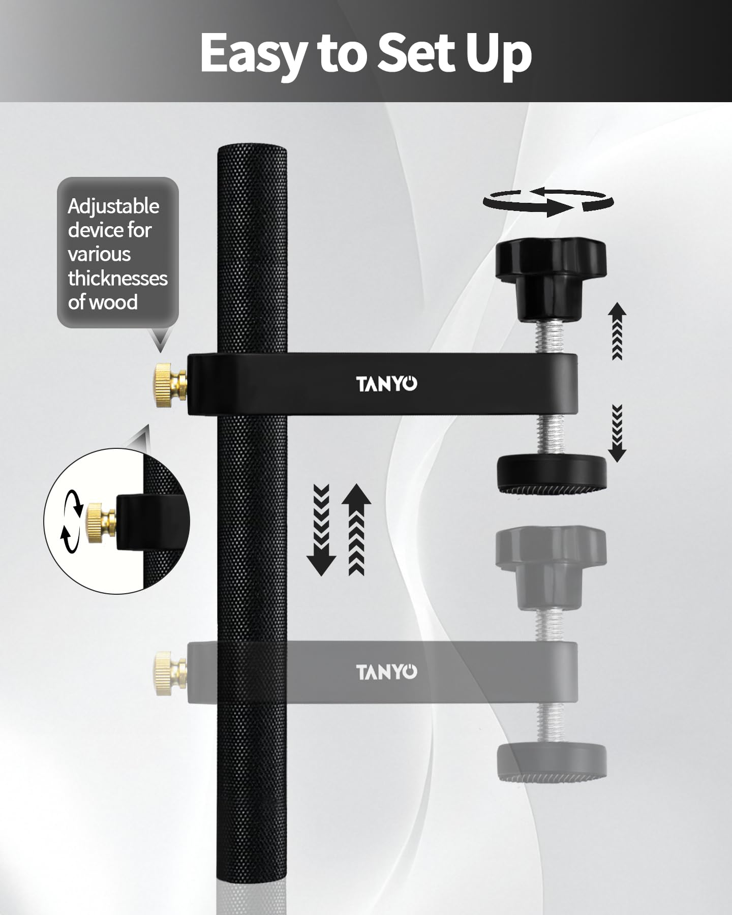 TANYO clamp with non-slip pads protects delicate wood surfaces during clamping