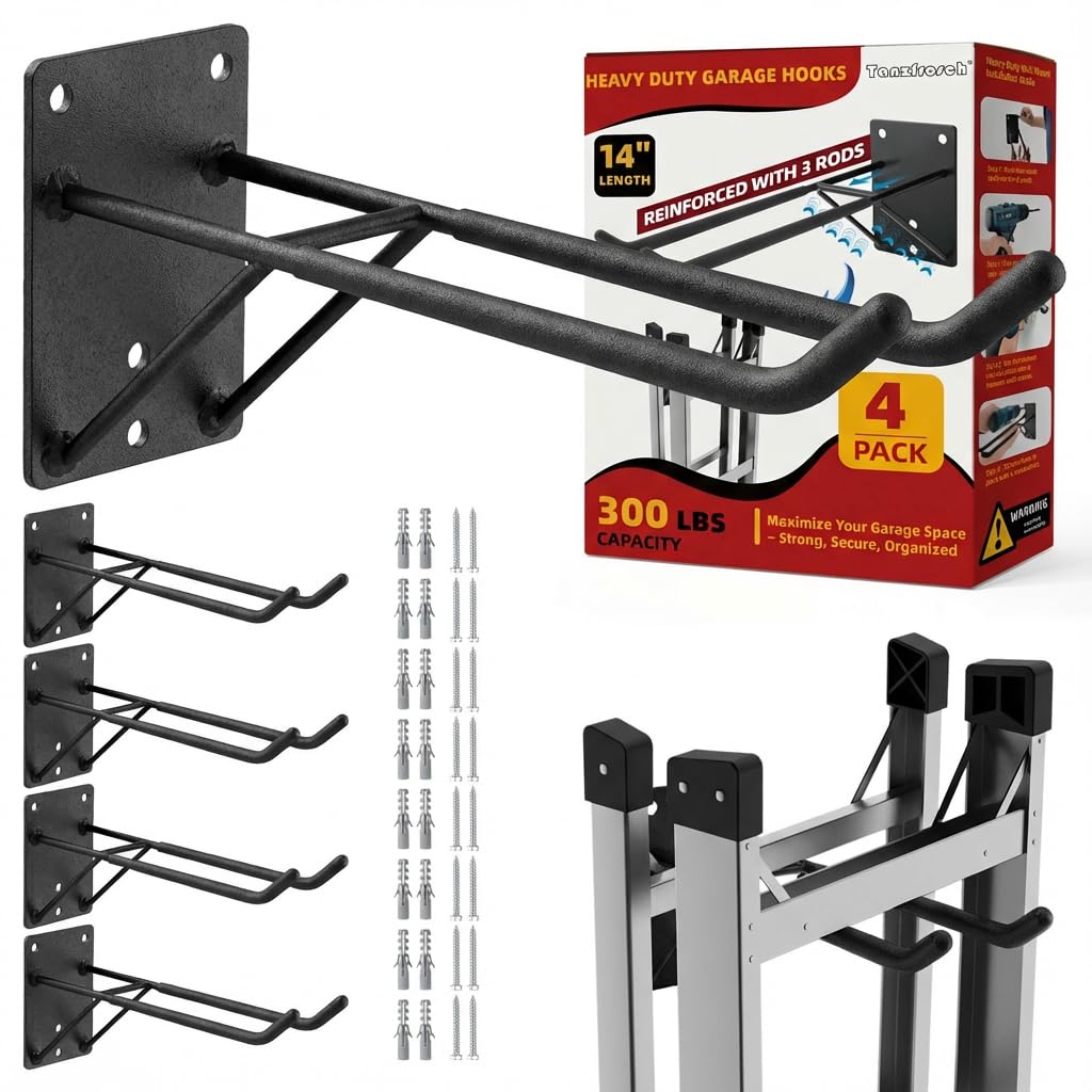 Tanzfrosch 14-inch heavy-duty garage hook set mounted for tool and tire storage.