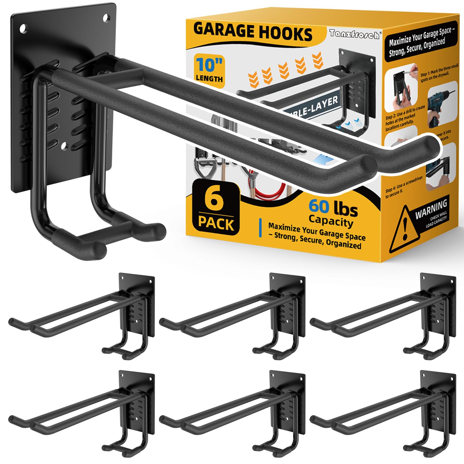 Tanzfrosch 6-pack garage hooks close-up showing two-tier design for organized storage
