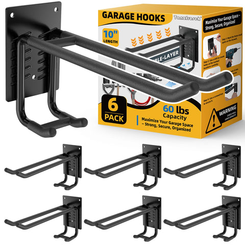 Tanzfrosch 6-pack garage hooks close-up showing two-tier design for organized storage
