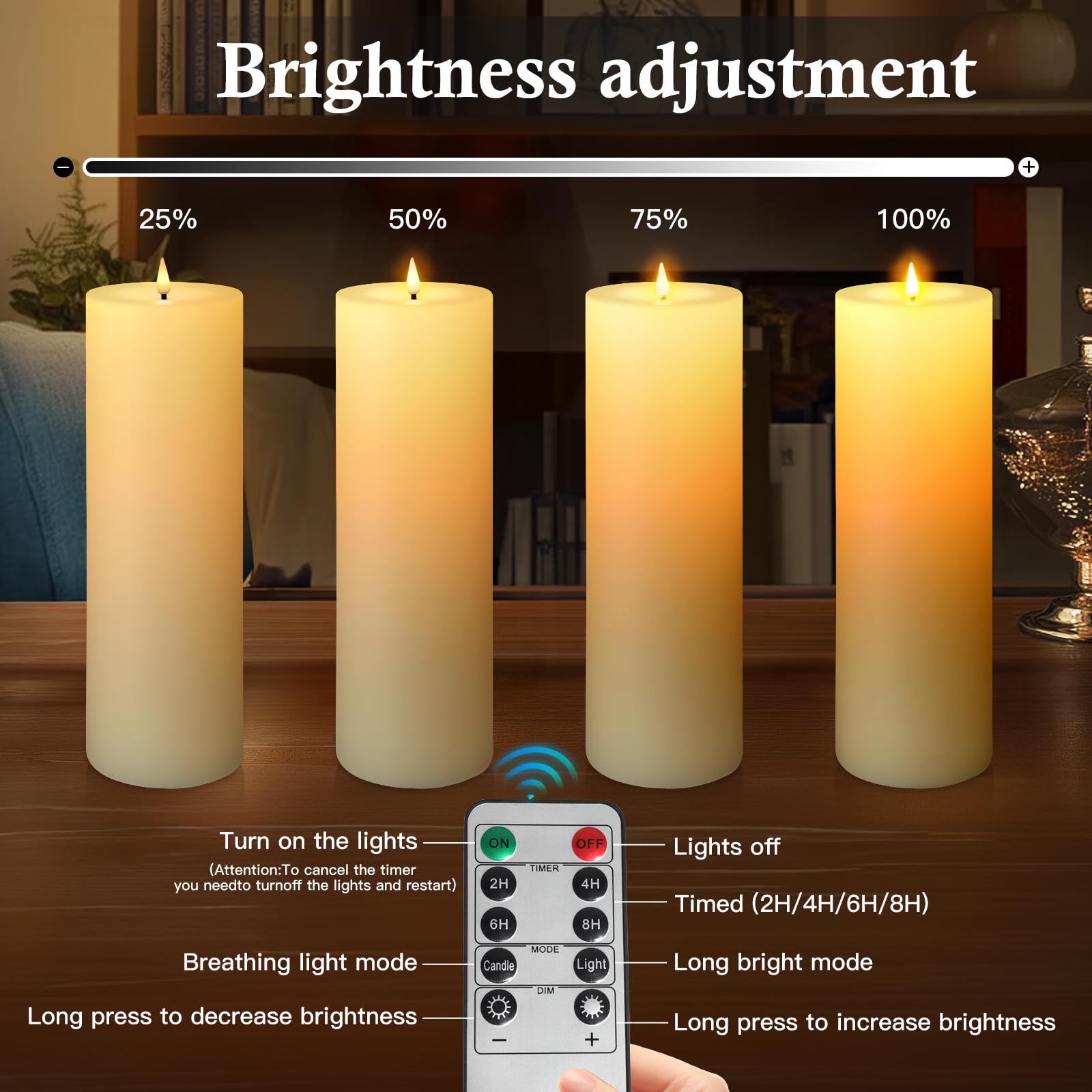 TaoFiaCo adjustable brightness and flicker mode for ambiance control.