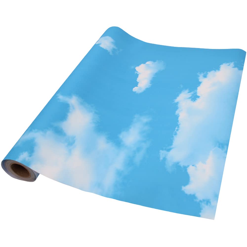 TAOGIFT Peel and Stick Blue Sky Clouds wallpaper applied to kitchen cabinets for quick refresh