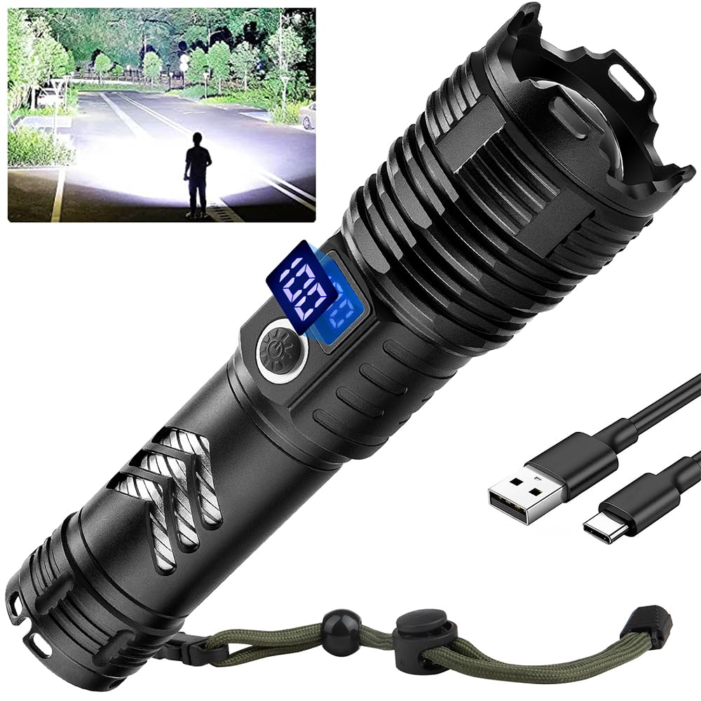 taoquwe flashlight with a 99,000-lumen beam lighting a campsite for night visibility