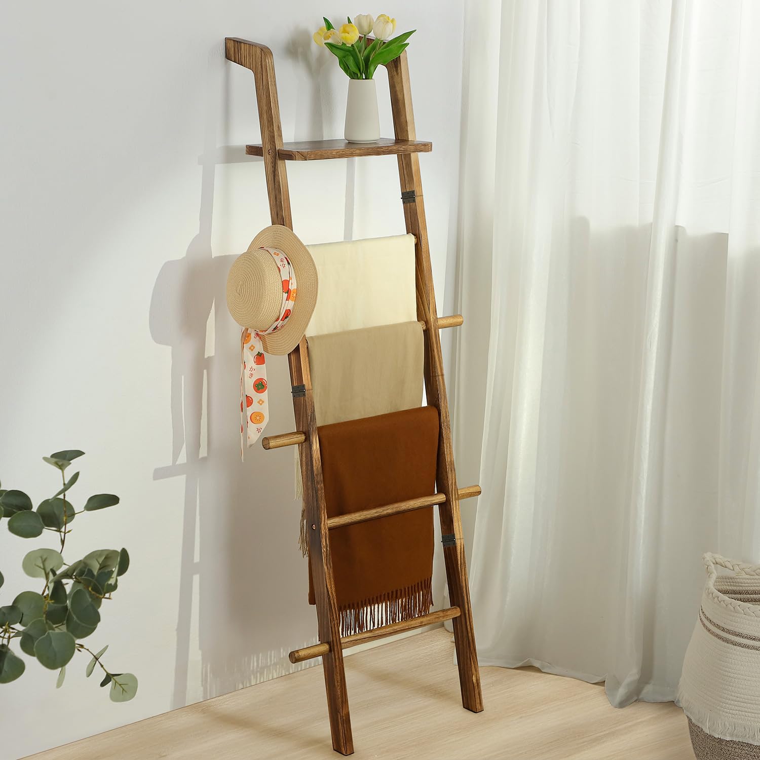 Taozun 67-inch wooden ladder assembled for a sturdy storage solution.