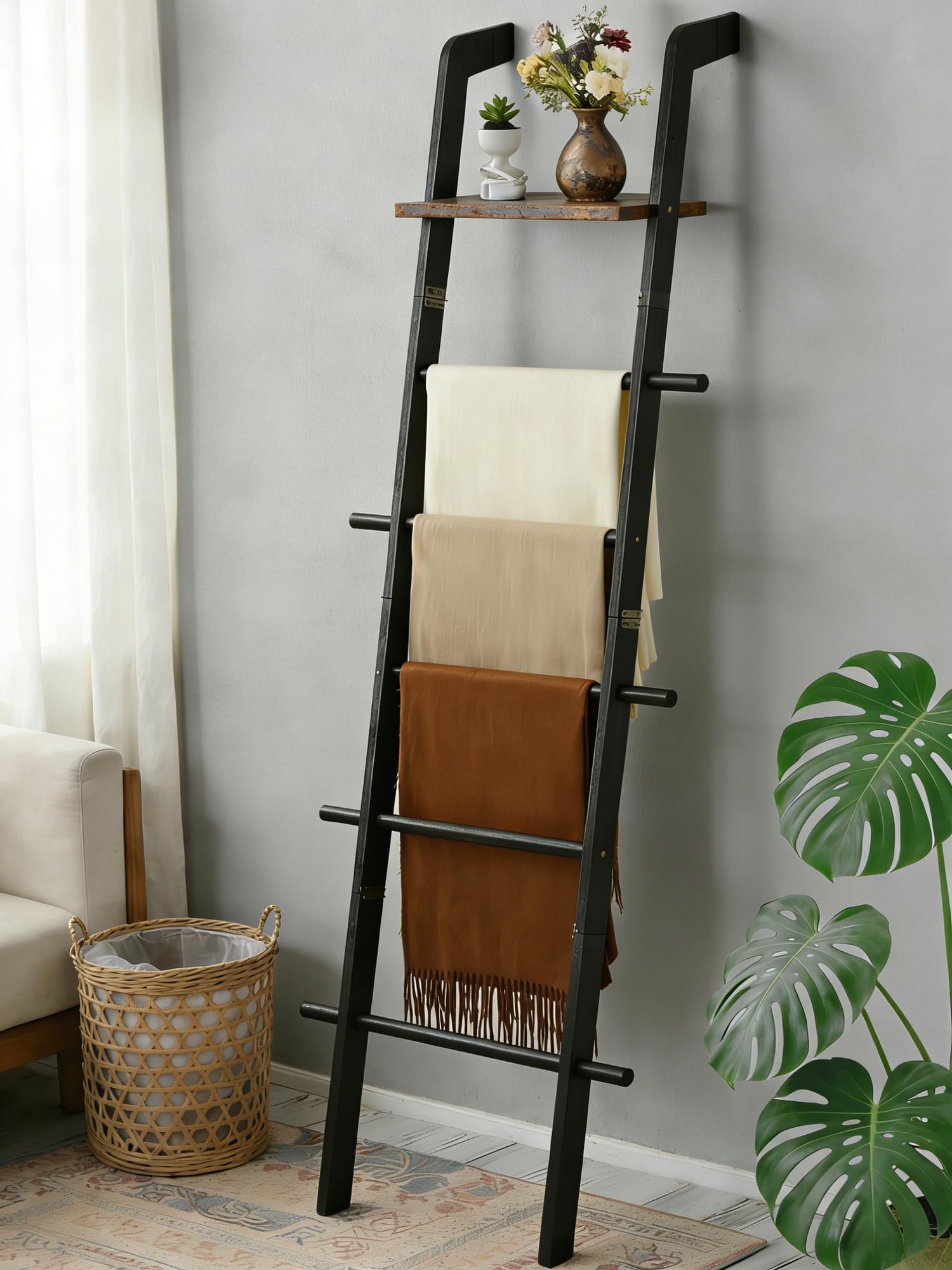 Taozun Blanket Ladder angled view showcases sturdy farmhouse wood design for versatile living room storage.