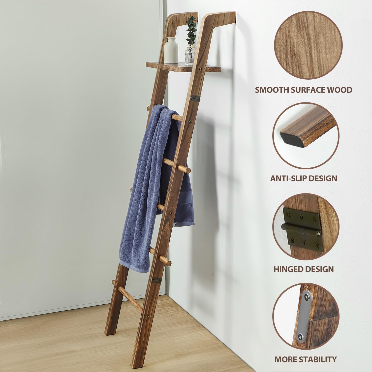 Taozun wooden ladder shelf close-up showing reinforced back for stability.