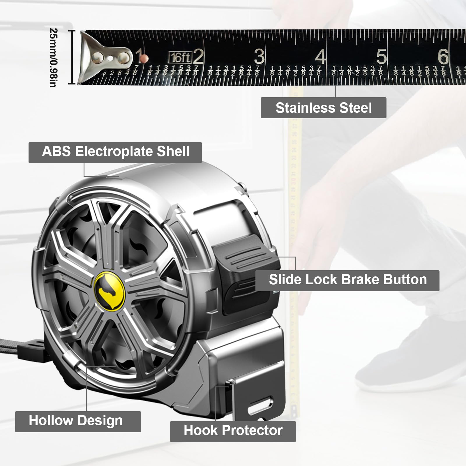 ABS and stainless steel shell keeps the 16ft tape measure durable.