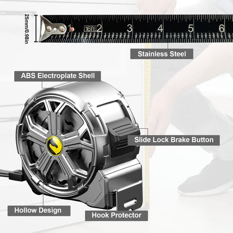 ABS and stainless steel shell keeps the 16ft tape measure durable.