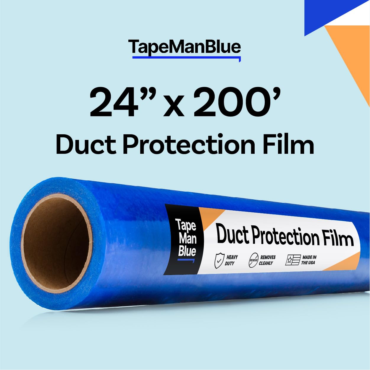 Close-up of TapeManBlue blue adhesive duct wrap on duct edge for quick protection.