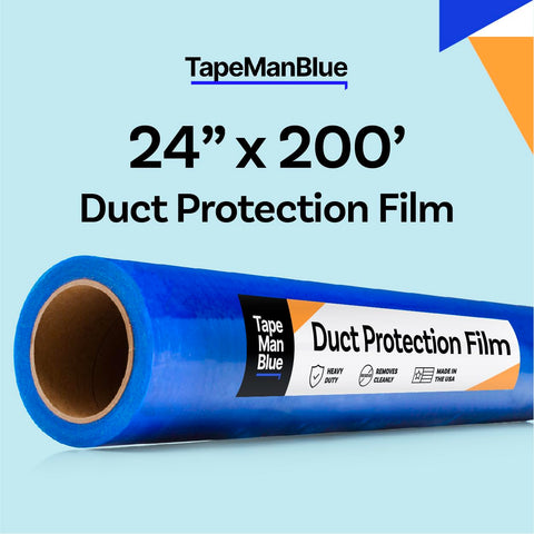 Close-up of TapeManBlue blue adhesive duct wrap on duct edge for quick protection.