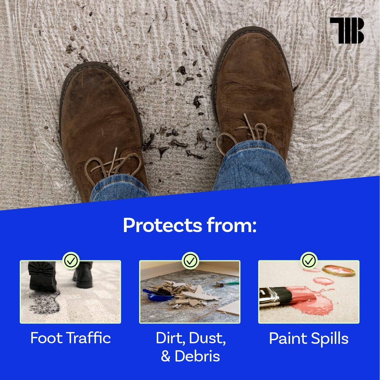 TapeManBlue film with adhesive protects carpets during use and removes cleanly.