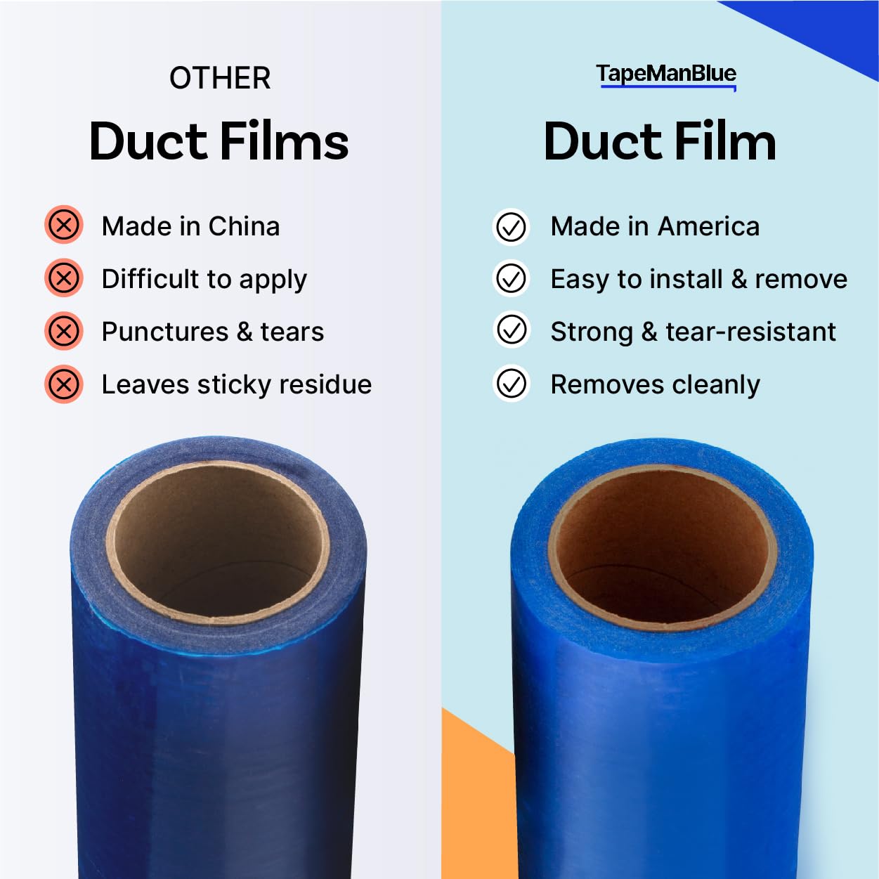TapeManBlue film removed cleanly from a duct after project completion.