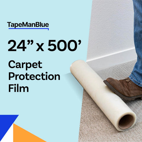 TapeManBlue durable protective film guards carpet against debris and spills.