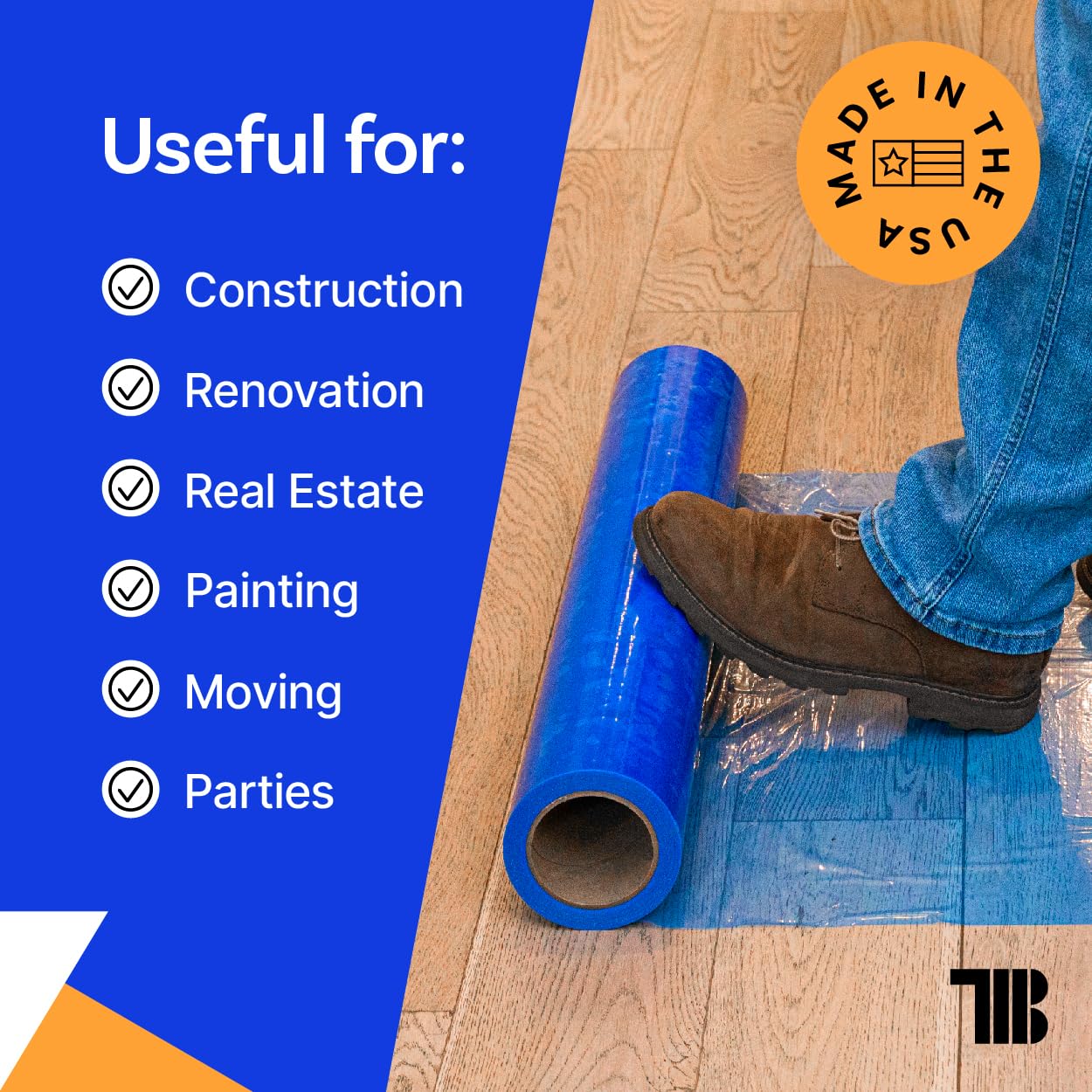 TapeManBlue hardwood floor protection film preserves wooden surfaces during renovations.