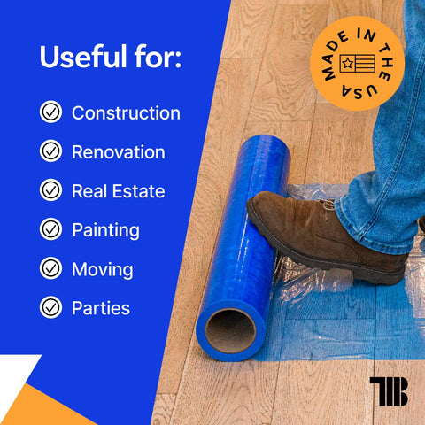 TapeManBlue hardwood floor protection film preserves wooden surfaces during renovations.