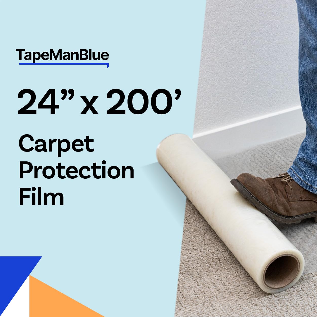 TapeManBlue self-adhesive carpet protector provides secure hold and clean removal.