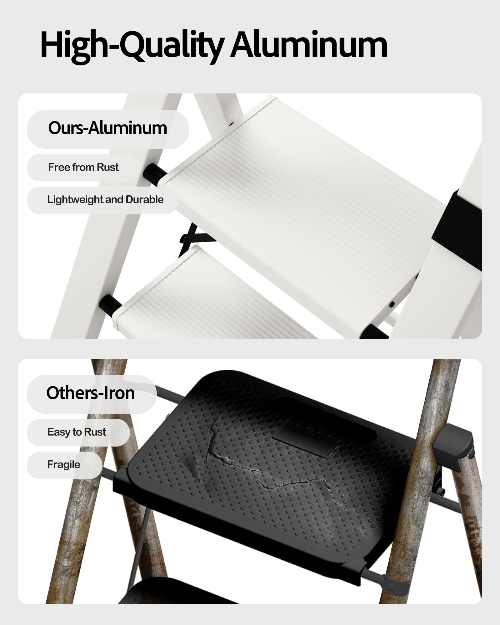 Taranta 3-Step Ladder folded slim profile ready for closet storage.