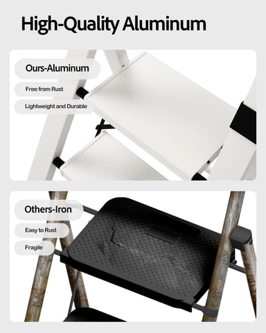 Taranta 3-Step Ladder folded slim profile ready for closet storage.