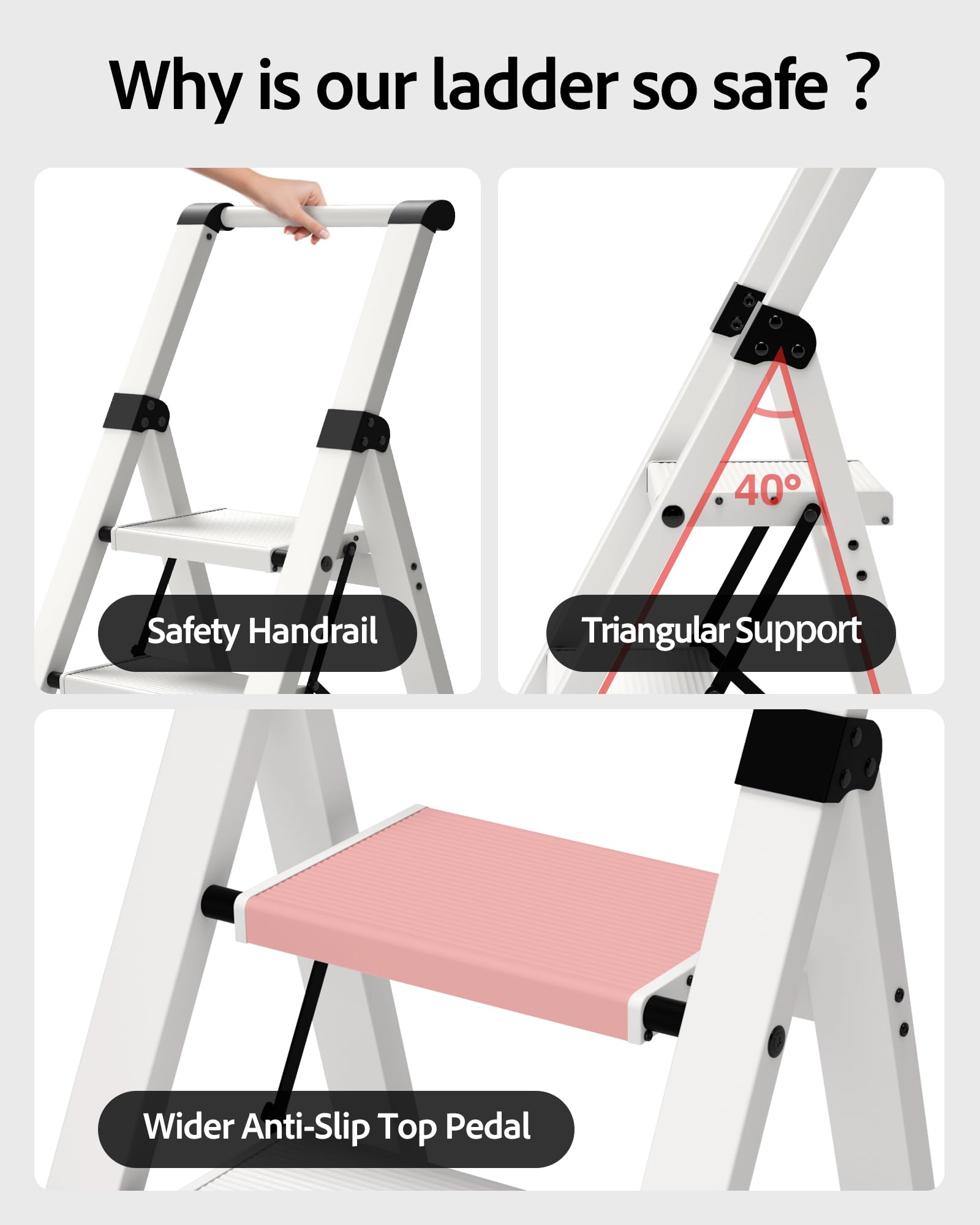 Taranta ladder top step height enables safe reach for tasks.