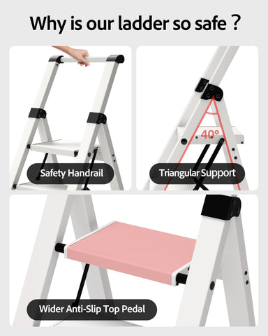 Taranta ladder top step height enables safe reach for tasks.