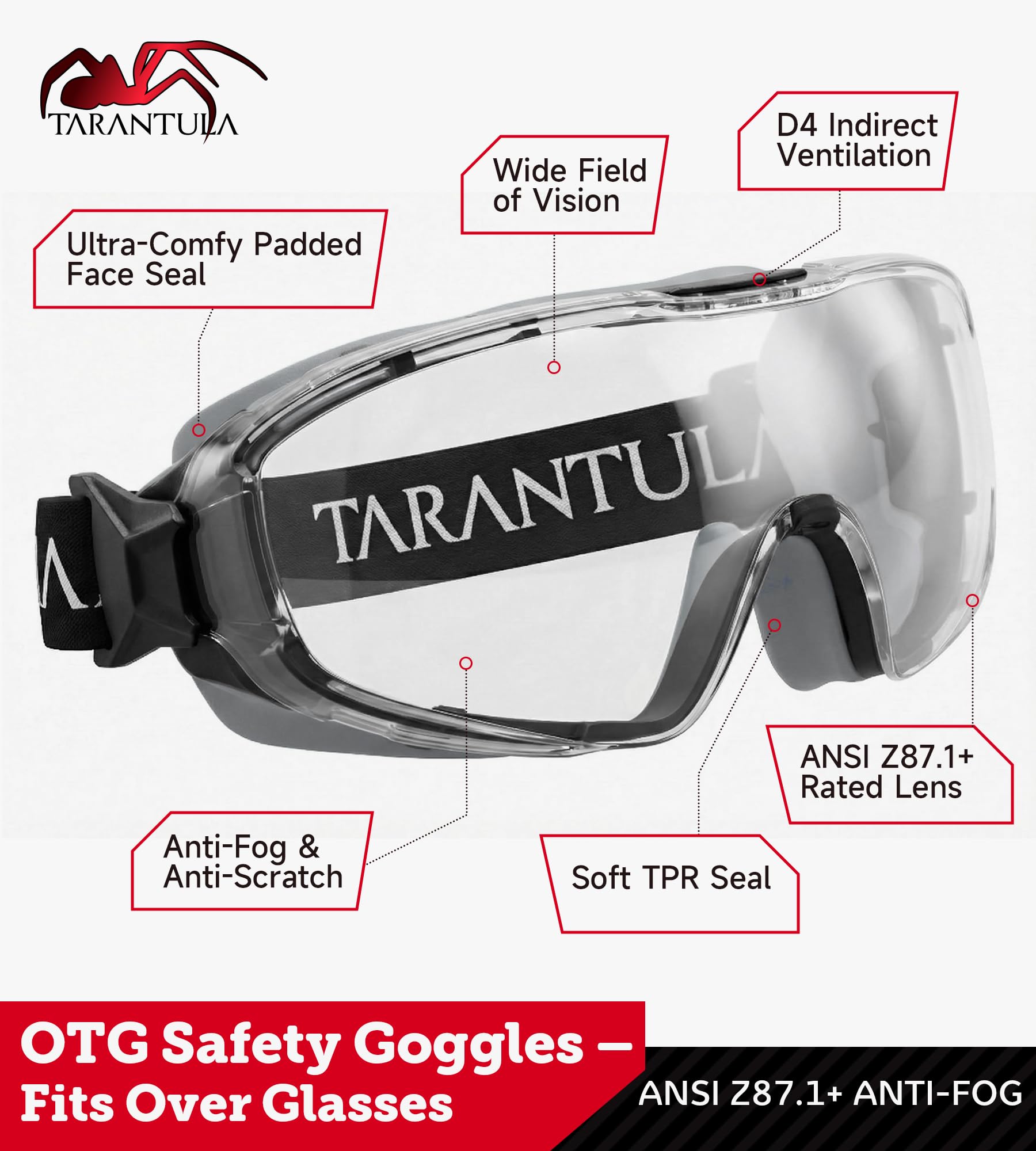 Tarantula anti-fog and scratch-resistant lenses provide clear vision in humid or active environments.